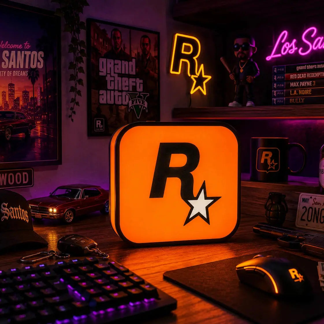 Lampe LED Rockstar Games Ultimate RGB de LampeGeek, éclairage coloré avec logo Rockstar Games, ambiance moderne et ludique.