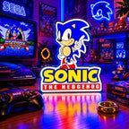 Lampe LED Sonic The Hedgehog édition rétro gaming RGB de LampeGeek, illuminée avec personnage Sonic en style rétro.