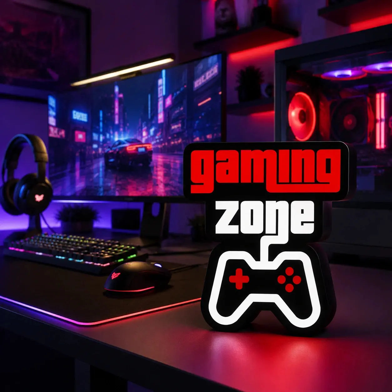 Lampe LED Gaming Zone RGB de LampeGeek, éclairage coloré pour setup gamer avec design moderne.