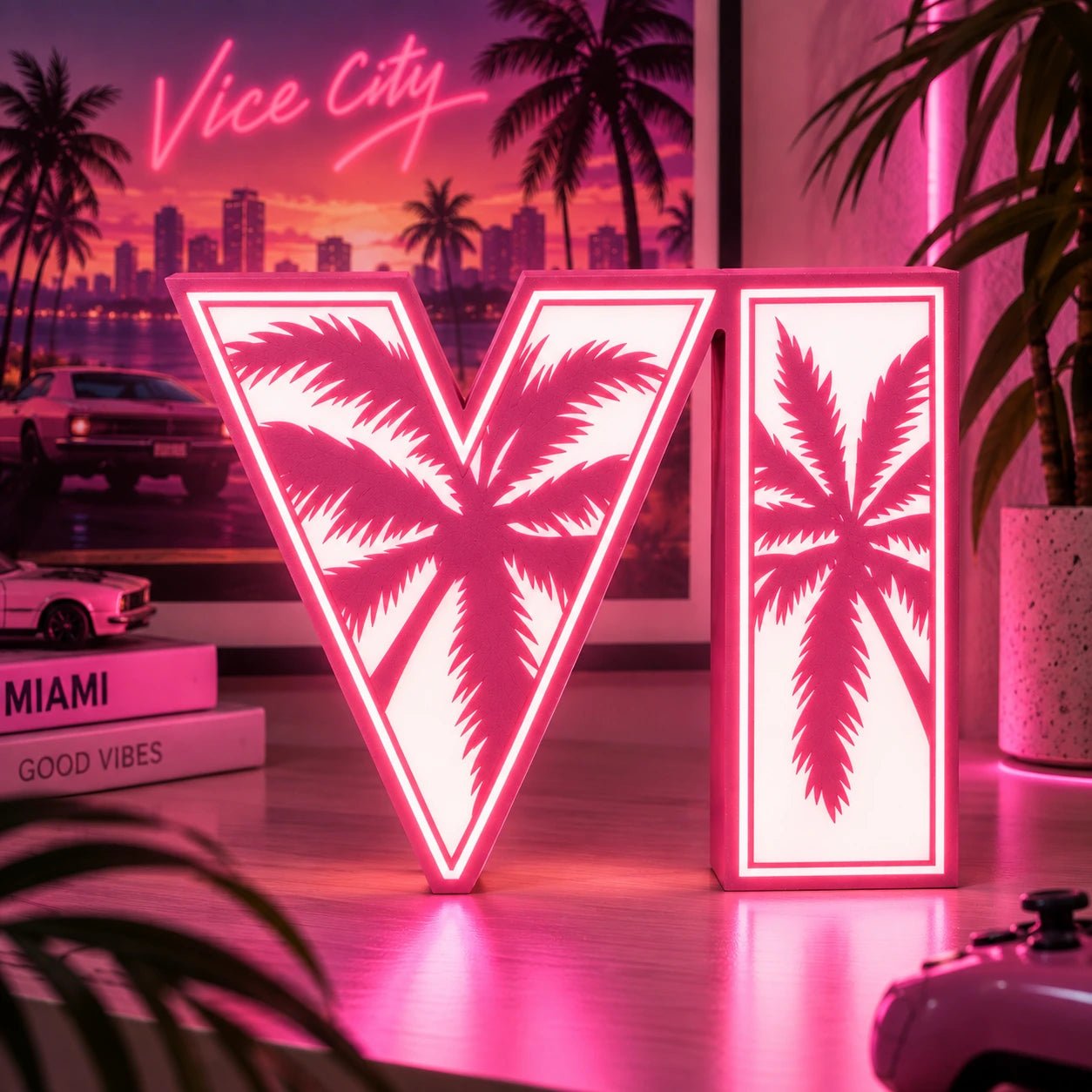 Lampe LED GTA 6 RGB – Logo VI avec Palmiers - LampeGeek