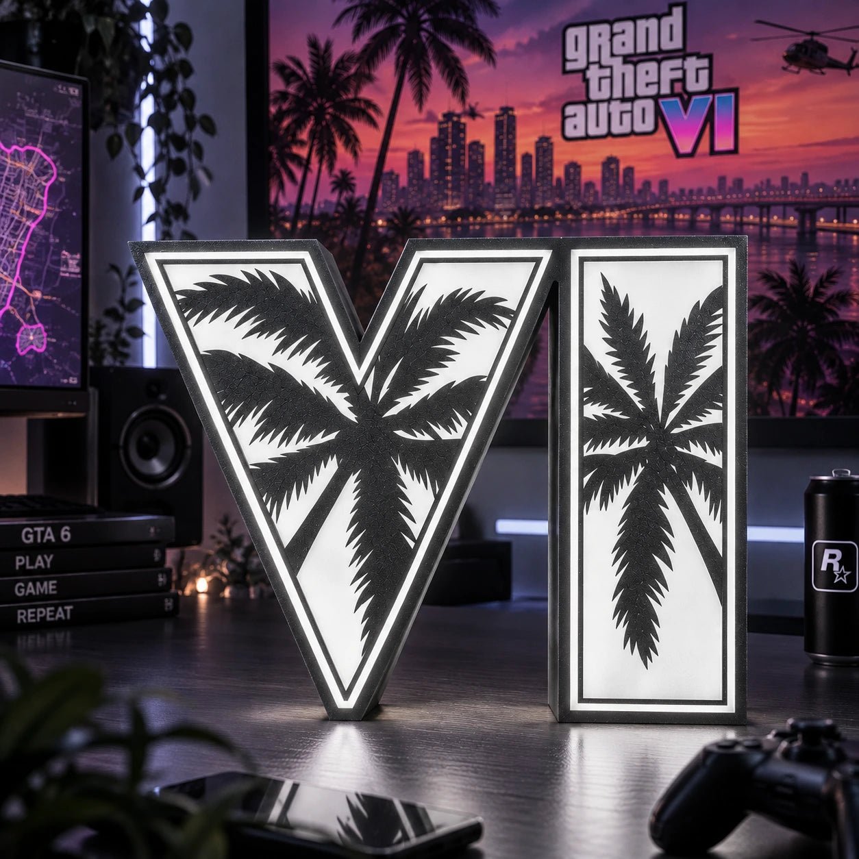Lampe LED GTA 6 RGB – Logo VI avec Palmiers - LampeGeek
