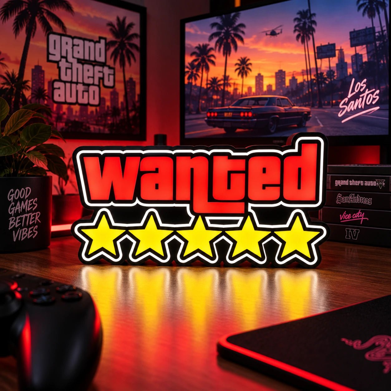 Lampe LED Wanted GTA 5 Étoiles RGB – Déco Gaming - LampeGeek
