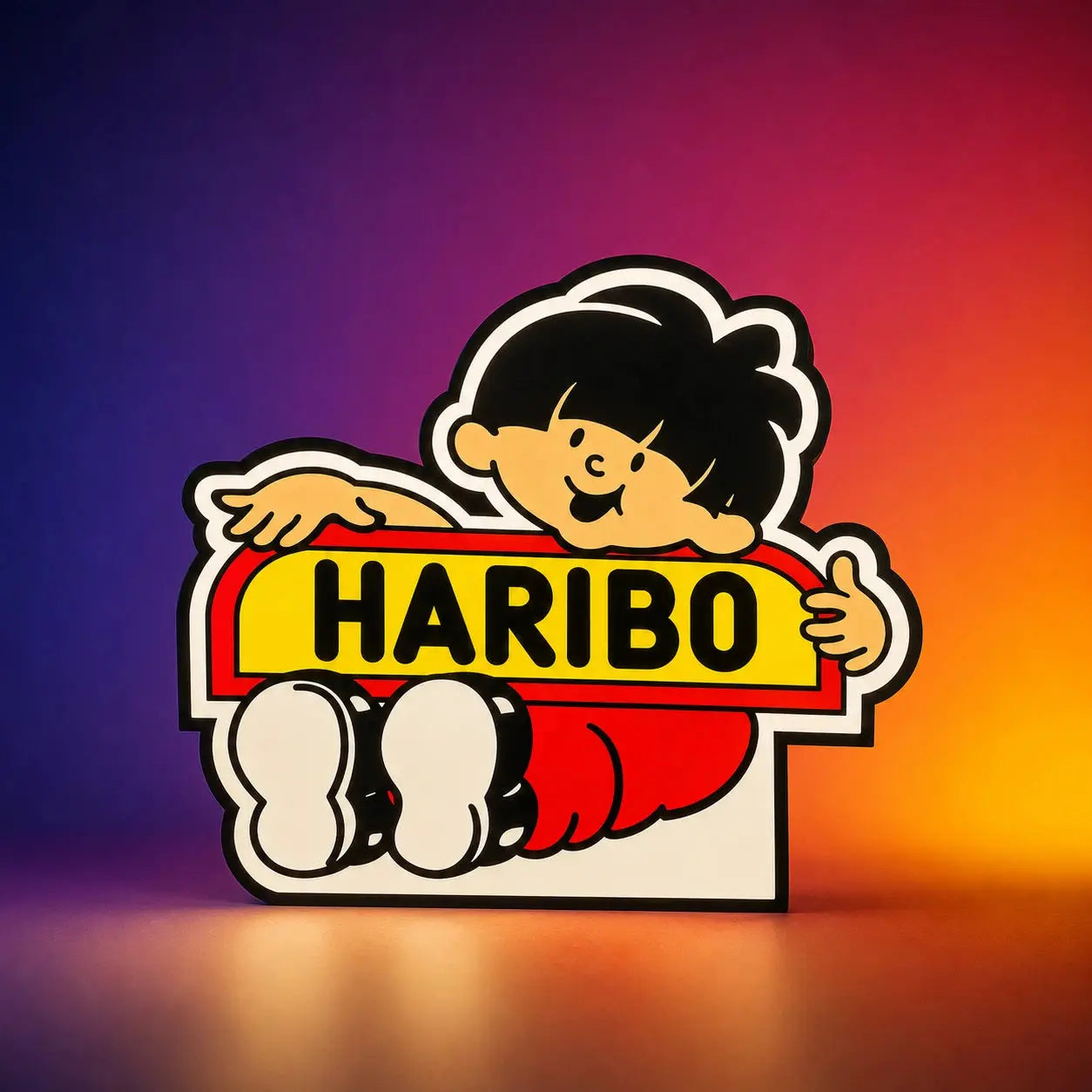 Lampe LED Haribo Collector RGB de LampeGeek, lampe colorée avec logo Haribo, éclairage lumineux et design vibrant.