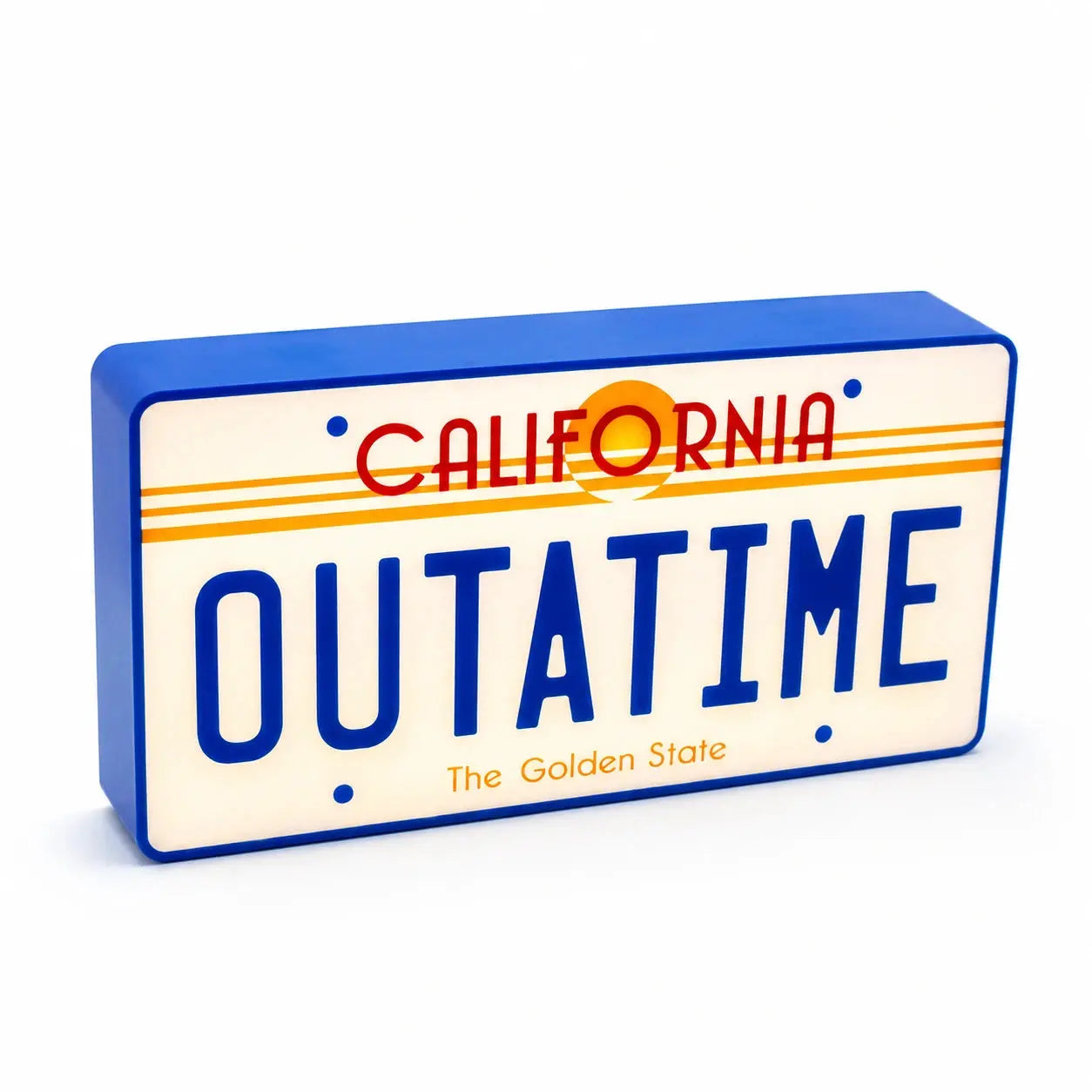 Lampe LED OUTATIME Collector Retour vers le Futur de LampeGeek, design emblématique avec logo rétro, éclairage moderne.