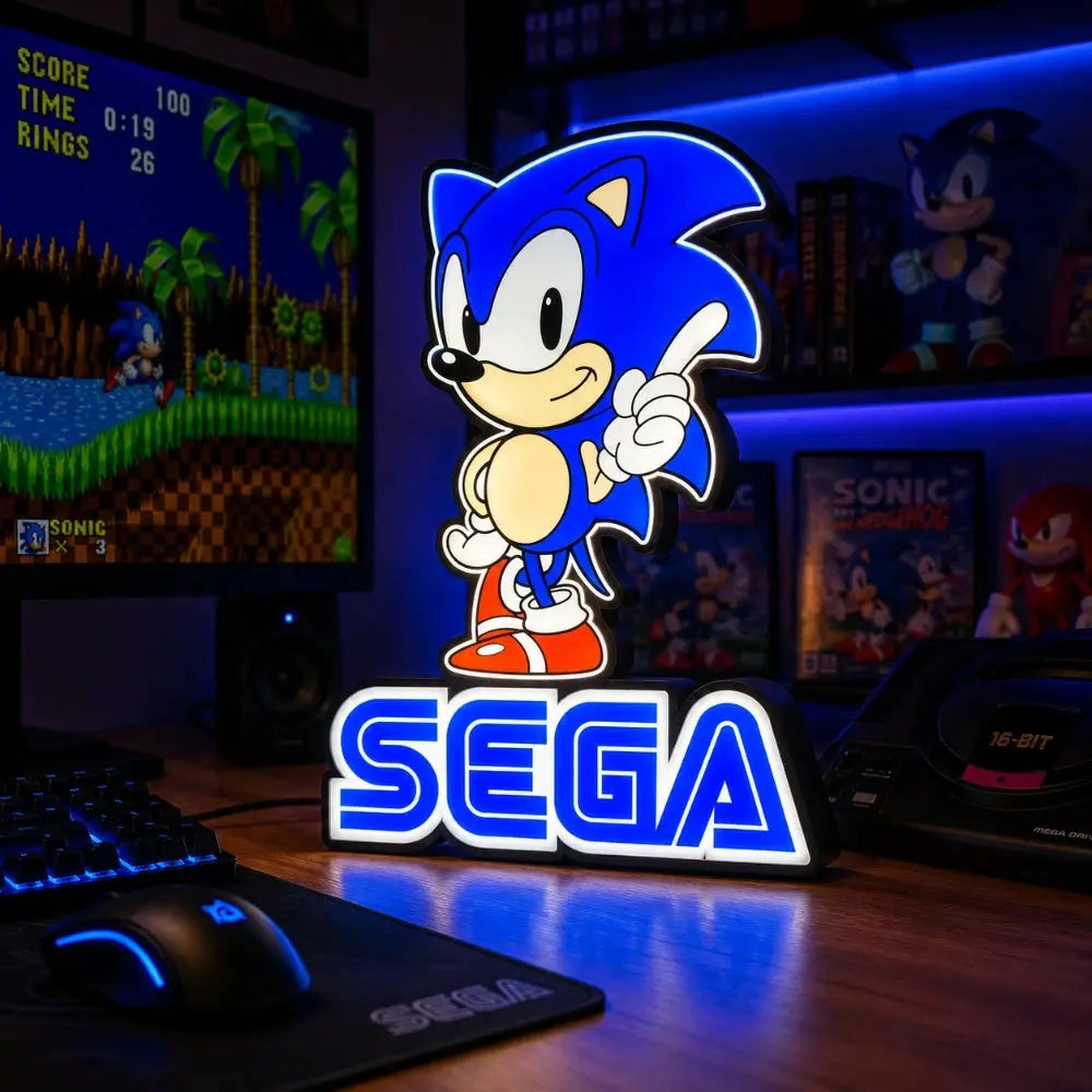 Lampe LED Sonic Sega de LampeGeek avec éclairage RGB rétro inspiré de Sonic le hérisson, idéale pour décoration gaming.